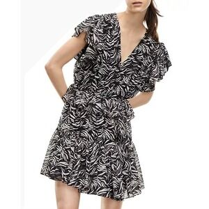 The Kooples Zebra Print Ruffle Dress Black White‎ V-Neck Flutter Sleeve Size XL